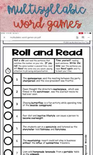 Multisyllabic Word List | Multisyllabic Word Games | Sentence Fluency