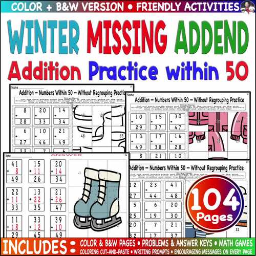 Winter Addition Color Code Picture Missing Addend to 50 Holiday Math Practice