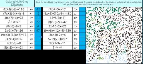 Solving Multi-Step Equations Pixel Art by Pick Up and Go Resources