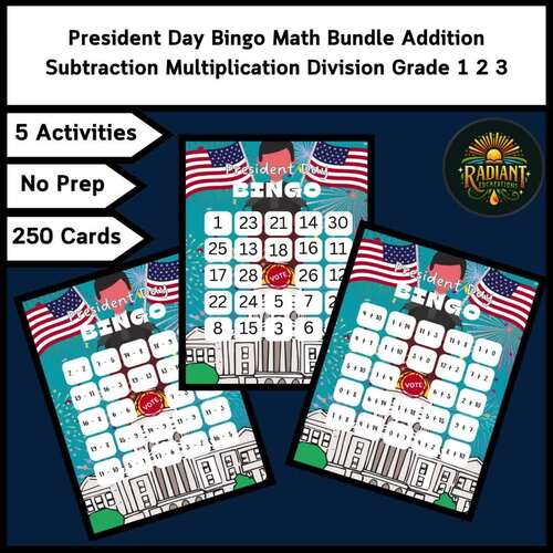 President Day Bingo Math Bundle Addition Subtraction Multiplication ...