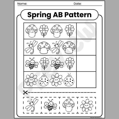 Spring AB Patterns Worksheets | Cut and Paste | Kindergarten Math | No Prep