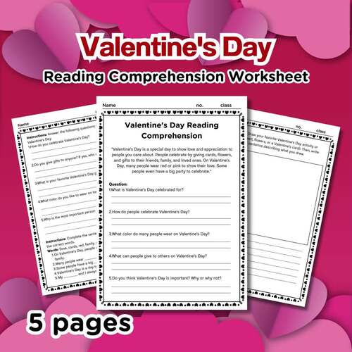 Valentine's Day Reading Comprehension Worksheet for Grades 4-6, Reading ...