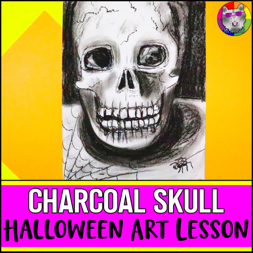 Preview of Halloween Art Project, Charcoal Skull Art Lesson Activity for Middle School