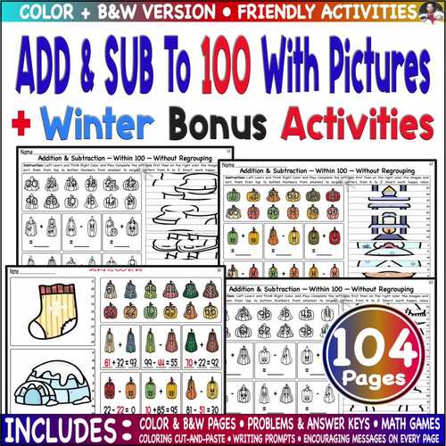 Winter Math Code: Add & Sub within 100 Without Regrouping – Color Challenges
