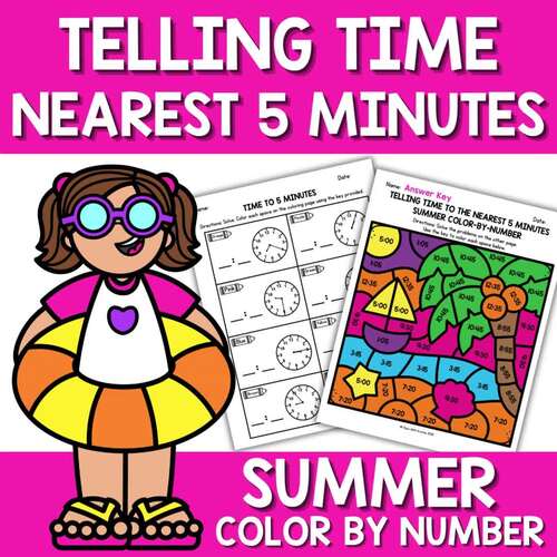 Time to 5 Minutes Color by Number | Summer Color by Code 2nd Grade Math Activity