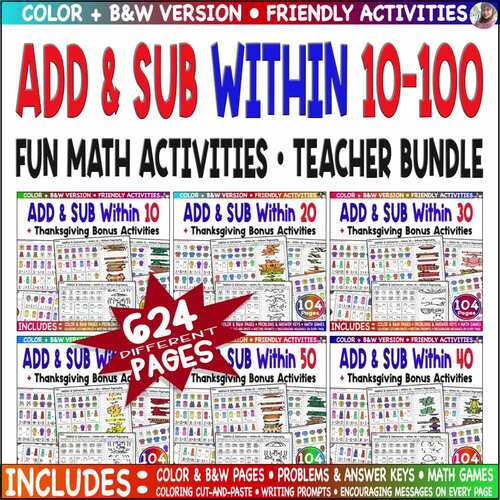 Add & Sub Within 10–100 Using Pictures Without Regroup  Worksheets Bundle Math.