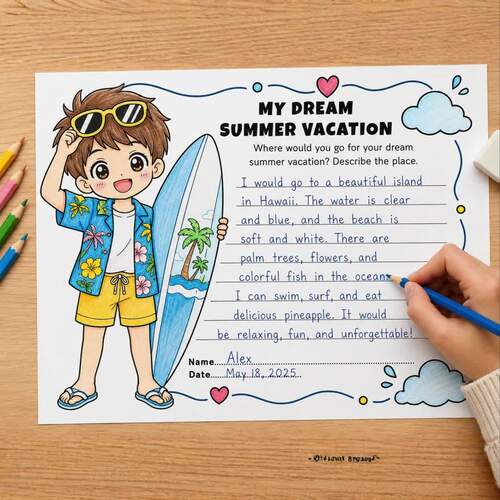 My Dream Summer Vacation Writing Prompt Worksheets, End of Year ELA ...