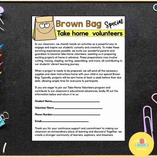 Parent Volunteer pack and forms Brown Bag Special TPT