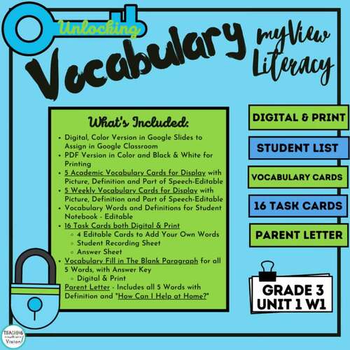 myView Vocabulary Cards & Activities Grade 3 Unit 1 Week 1 with Task Cards