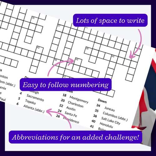 U S State Capital crossword puzzle including all 50 states TPT