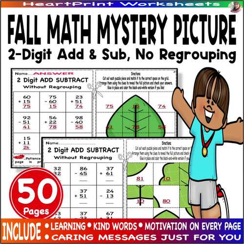 Fall math mystery picture, 2 digit mixed Add & Sub without regrouping ...