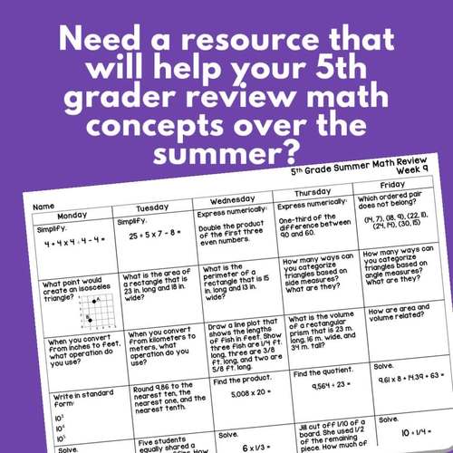 5th Grade Summer Math Worksheets by Growing Grade by Grade | TpT