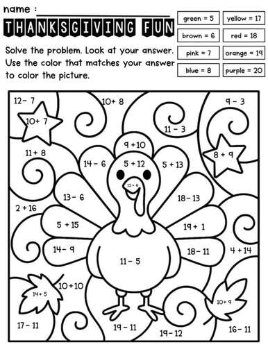 Thanksgiving Addition and Subtraction Color by Number | Fall Math Fun