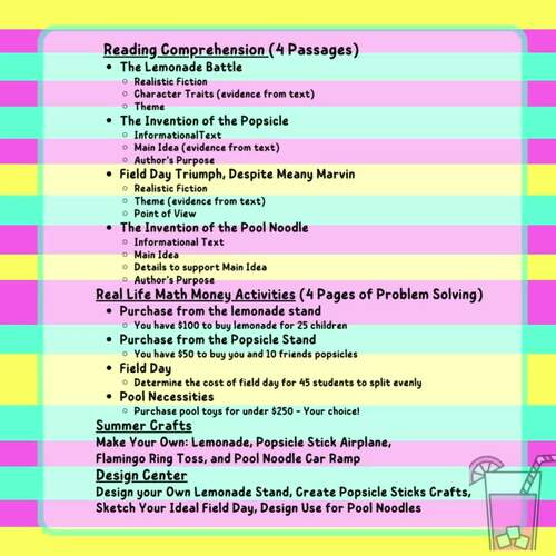 Summer Review Math & Reading Comprehension with Crafts, Great for ESY