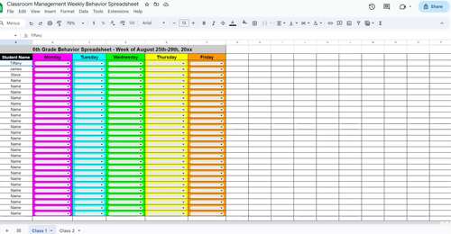 Classroom Management Weekly Behavior Spreadsheet Google Sheets editable