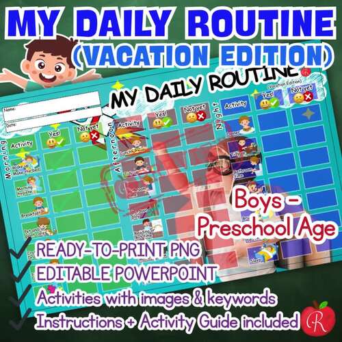 Daily Routine Chart – Boys –Vacation–Preschool kinder | Printable PDF ...