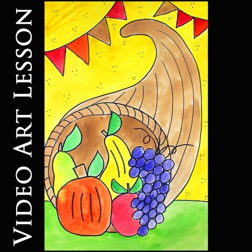 Preview of THANKSGIVING CORNUCOPIA Art Lesson | FALL Drawing & Watercolor Painting Project