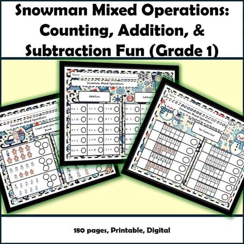 Snowman Mixed Operations: Counting, Addition, & Subtraction Fun (Grade 1)