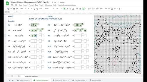Digital Pixel Art Math Laws of Exponents / Exponent Rules with 4 Levels