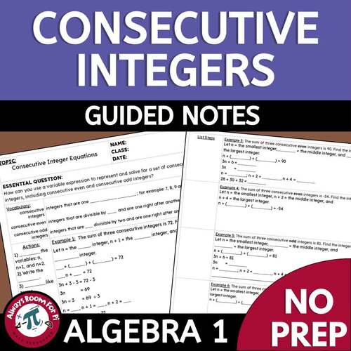 Consecutive Integers Guided Notes Algebra 1 Differentiated TEKS A.5A No ...