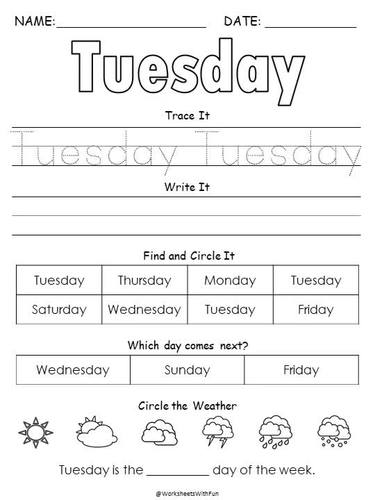 Days of the Week Tracing Worksheets, Kindergarten Math ...