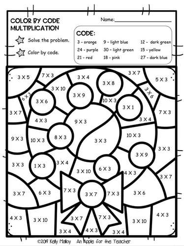 Christmas Math Worksheets Color by Number Multiplication Facts Third Grade
