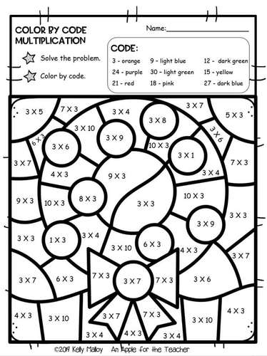 christmas math worksheets color by number multiplication facts third grade