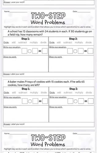 Two Step Word Problems (Addition, Subtraction, Multiplication, Division)