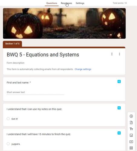 Equations and Systems Bellwork Quiz - Limit Cheating, Self-Grading