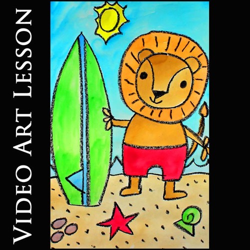 SURFING LION Easy Summer Art Lesson | Directed Drawing & Painting Project
