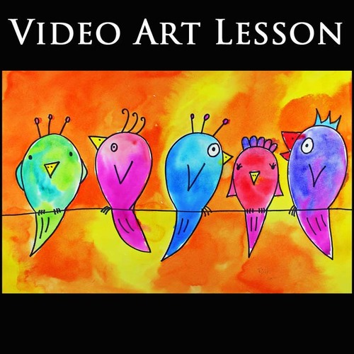 Preview of BIRDS ON A WIRE Art Lesson | Directed Drawing & Watercolor Painting Project
