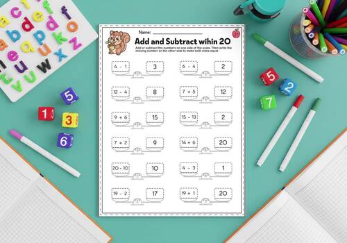 Balance the Scale Worksheets - Addition & Subtraction within 20 - 1st Grade