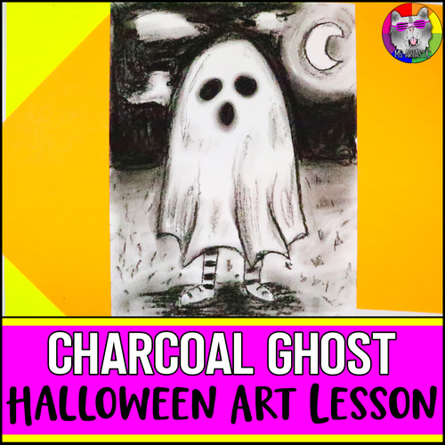 Preview of Halloween Art Project, Charcoal Ghost Art Lesson Activity for Elementary