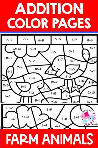 FARM ANIMALS COLOR BY NUMBER CODE ADDITION TO 20 MATH COLORING WORKSHEETS