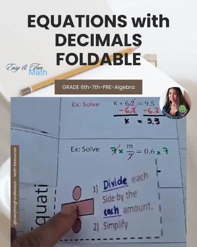 Equations with Decimals Foldable | Interactive Notebook | PDF + Easel