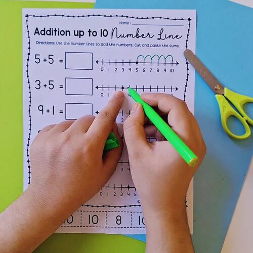 Number Lines Addition up to 10 | Math Cut and Paste Worksheets for K ...