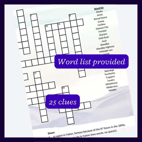 Yukon crossword puzzle for vocabulary research activity or fun Grade 4 