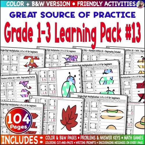 Grade 1–3 Math Bundle | Spring & Fall | Add, Subtract, Multiply, Divide | Color