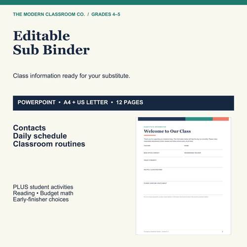 Editable Sub Binder Template 4th 5th Grade | Substitute Binder ...
