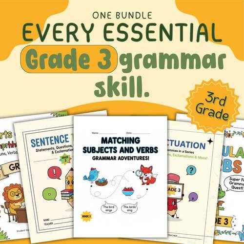 Grammar Worksheets Grade 3 Bundle – Parts of Speech, Punctuation & Agreement
