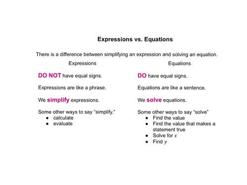Math 8 1-3 Expressions vs. Equations Guided Notes with Lesson Video Link