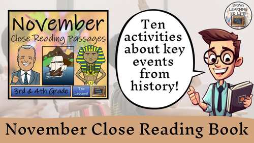 November Close Reading Comprehension Activity Book | 3rd-4th Grade