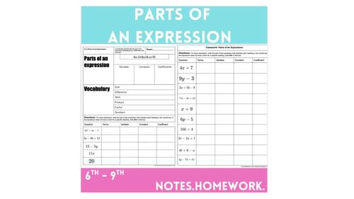 Parts of an Expression Packet Notes Homework Review Middle School Math