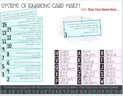 Systems Of Equations Activity Word Problem Matching Cards Pdf Digital