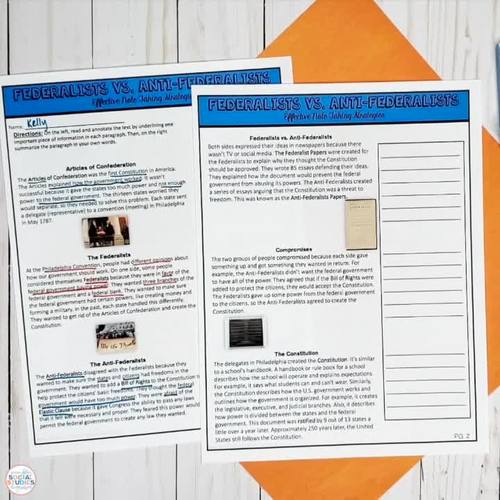 Federalists and AntiFederalists Reading Comprehension Worksheet and