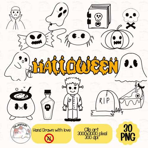 "Halloween Line Art Clipart Set 30 Cute PNGs by Tam Nantana TPT