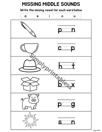 Middle letter sound worksheets,short vowel worksheets by simplyprintabless