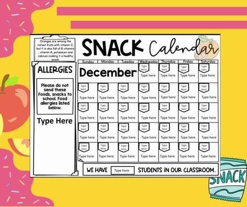Editable Snack Calendar by Valeria craig little learners | TPT