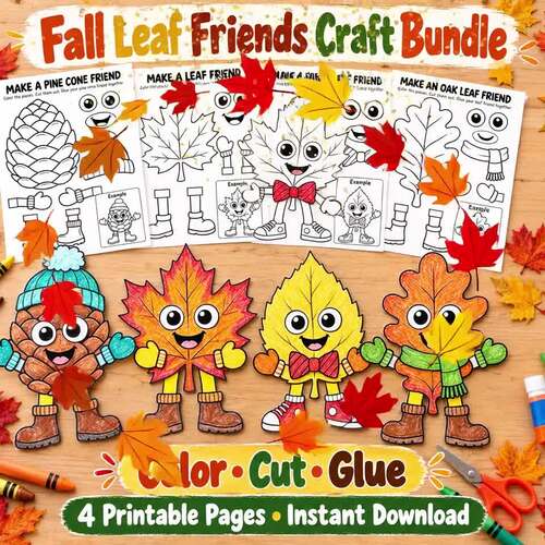 Fall Leaf & Pine Cone Craft Bundle | 4 Color Cut and Paste Activities | PDF