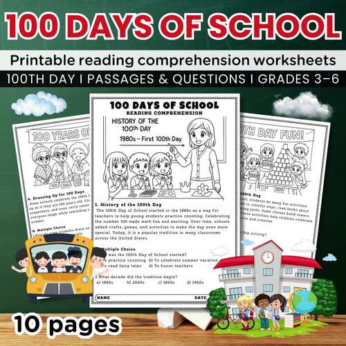 100 Days of School Reading Comprehension Worksheets, 100th Day Literacy ...